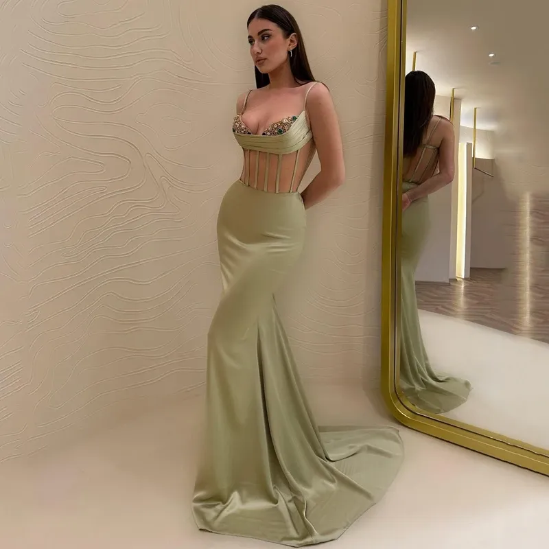 Charming Light Green Sweetheart Mermaid Prom Party Dress Satin Spaghetti Strap Open Back Evening Dresses Vestidos de noche