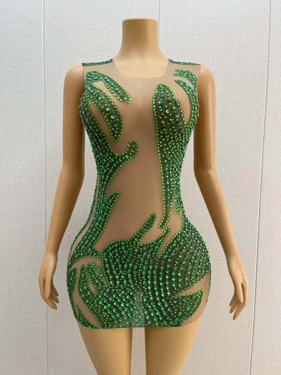 Green Rhinestones Sexy Nude Transparent DressBirthday Celebrate See Through Outfit EveningWomen's Performance Costume