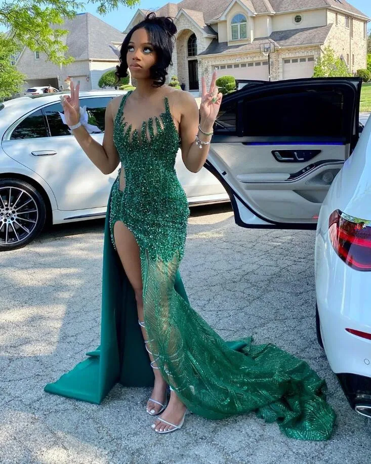 Emerald Green Mermaid Black Girl Prom Dress Sparkly Diamond Crystal Slit Birthday Party Gown vestidosa de boda invitada