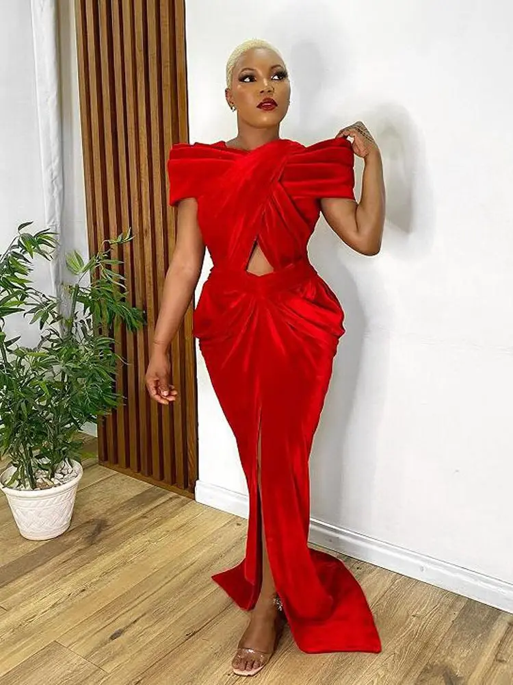 Christmas Aso Ebi Evening Dresses Cap Sleeves Front Slit Sexy Mermaid Prom Dress For African Women Girls Birthday Party Gowns