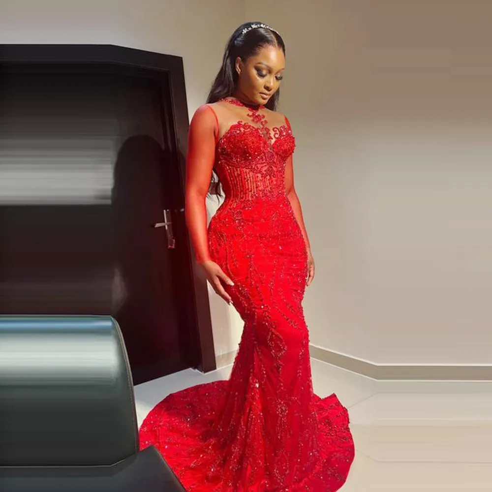 Red Sexy Prom Dresess For African Women Illusion Long Sleeves Lace Mermaid Evening Dress Christmas New Year Party Gowns