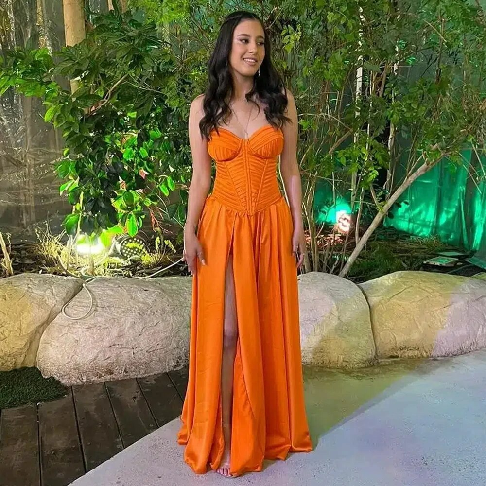 Orange Satin Prom Dresses Sexy High Split Sweetheart Women's Evening Gowns Long A Line Sleeveless Illusion Formal Party Dress