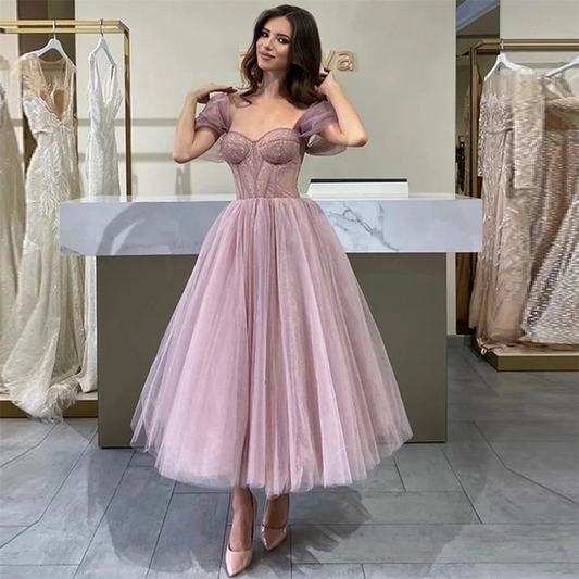 Sweetheart Light Pink Evening Party Dresses Draped Tea Length Elegant Prom Dress Graduatation A Line Homecoming Ball Gowns