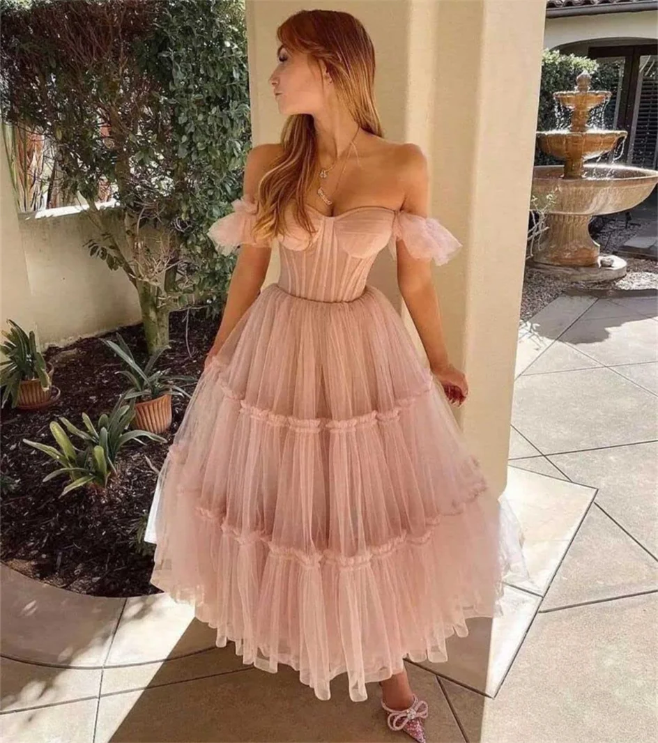 Sweetheart 2024 Lace Up Light Pink Evening Dresses Draped Tea Length Elegant Prom Dress A Line Custom Made Homecoming Gowns