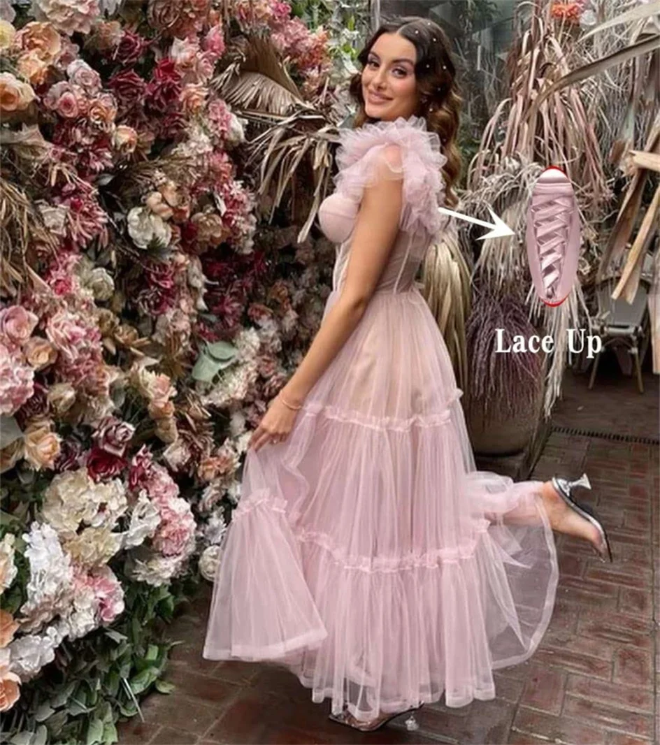 Sweetheart 2024 Lace Up Light Pink Evening Dresses Draped Tea Length Elegant Prom Dress A Line Custom Made Homecoming Gowns