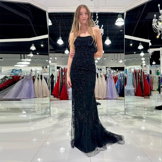 Black Appliques Lace 3D Flowers Mermaid Prom Dresses Sleeveless Evening Gown Graduation Party Dress Pageant Gowns