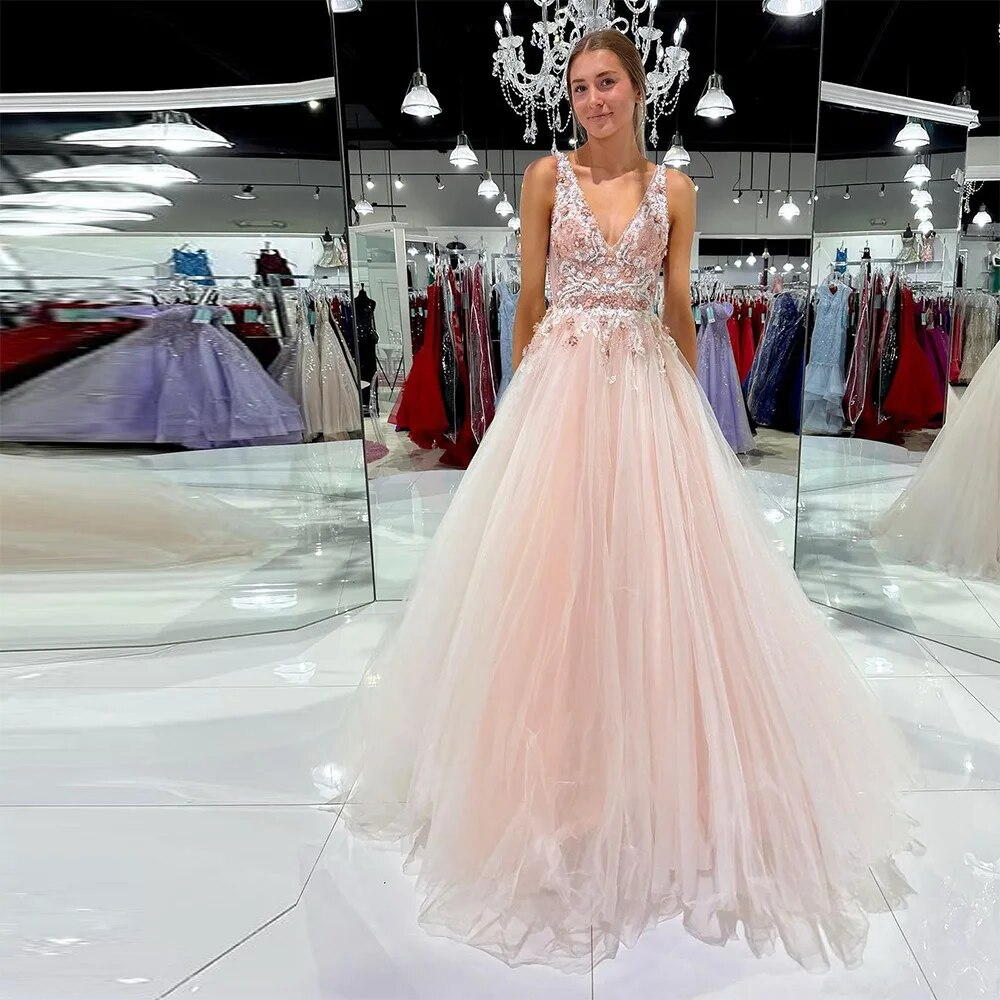 Elegant Tulle Prom Dresses Appliques Lace Beadings 3D Flowers A-Line Evening Gown Graduation Party Dress Pageant Gowns