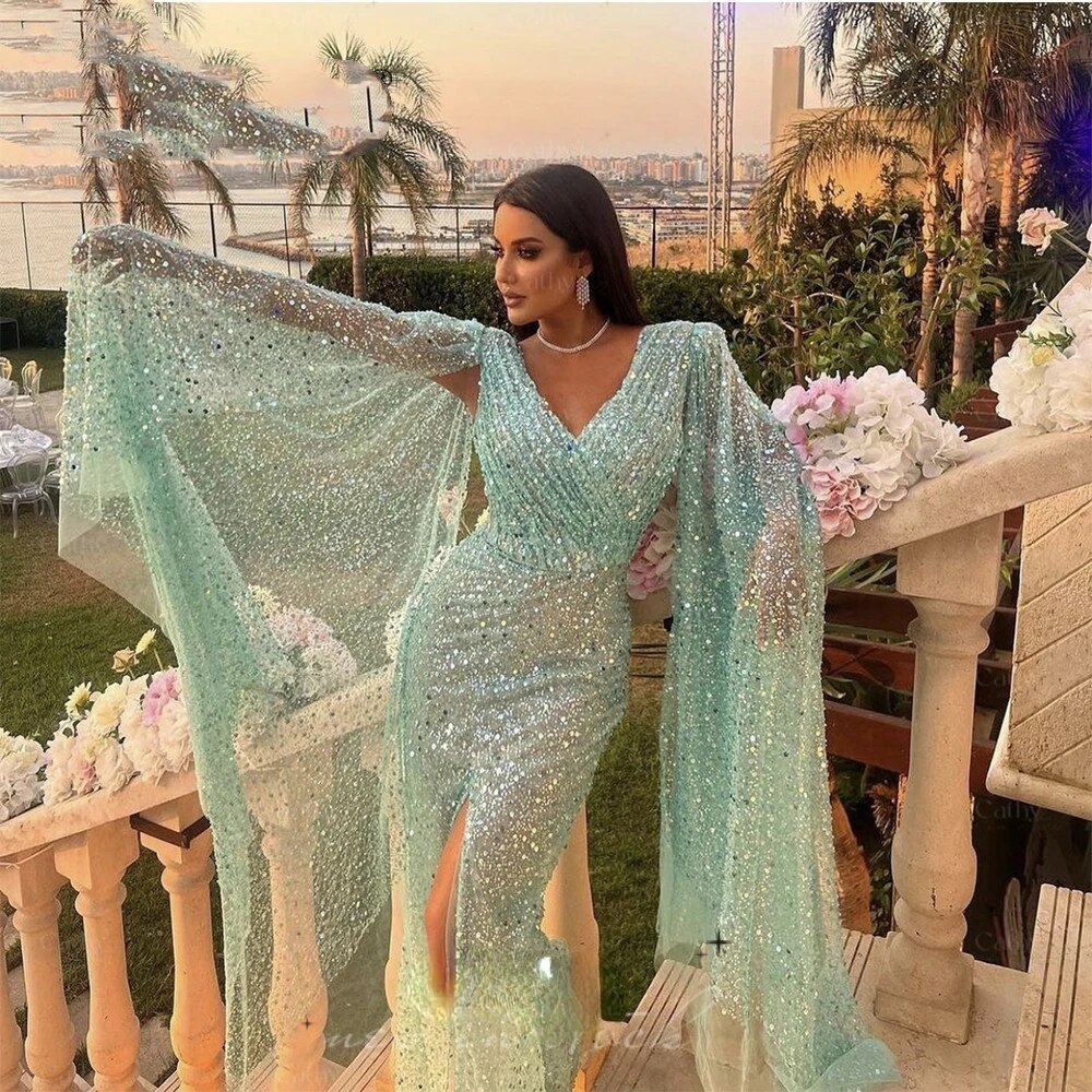 Glitter Sequins Prom Dress With Shawl Mermaid Party Dresses Sexy High Split Trumpet Prom Dresses Luxury Gowns فساتين السهرة