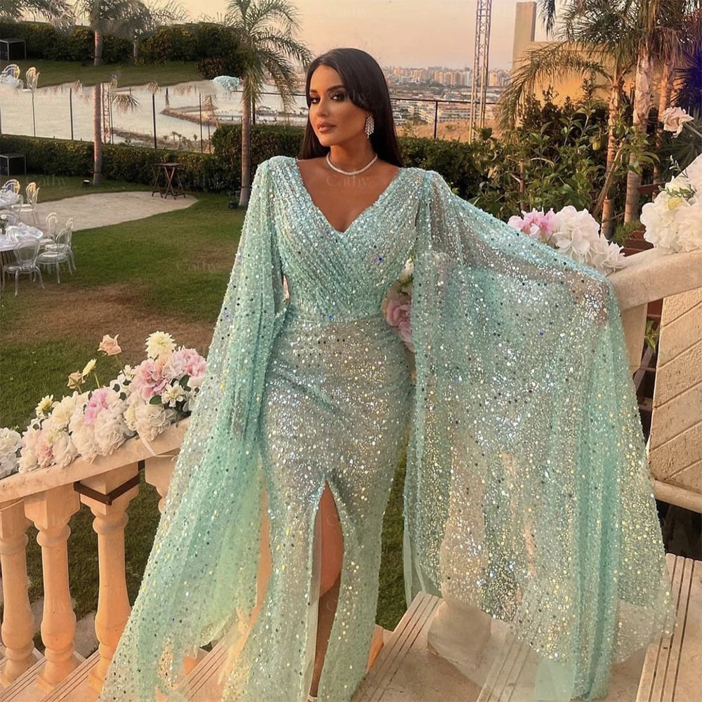 Glitter Sequins Prom Dress With Shawl Mermaid Party Dresses Sexy High Split Trumpet Prom Dresses Luxury Gowns فساتين السهرة