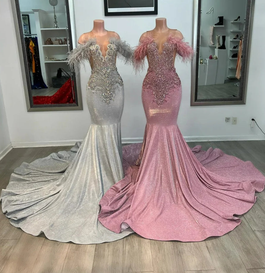 Sparkly Diamonds Long Prom Dresses For Black Girls Crystal Beading Rhinestones Feathers Birthday Party Dress Wedding Reception