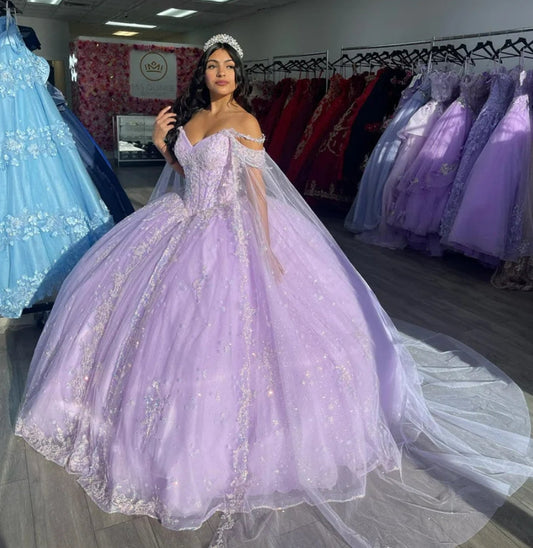 Cute Lilac Flowers Princess Quinceanera Dresses  With Detached Cape Beads Crystal Sweet 16 Dress Vestido De 15 Años Prom