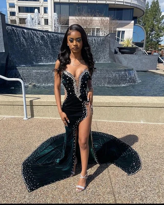 Slit African American Prom Dresses Mermaid Spaghetti Straps Velvet Beaded Black Girls Nigeria Saudi Arabia Evening Dresses Gown