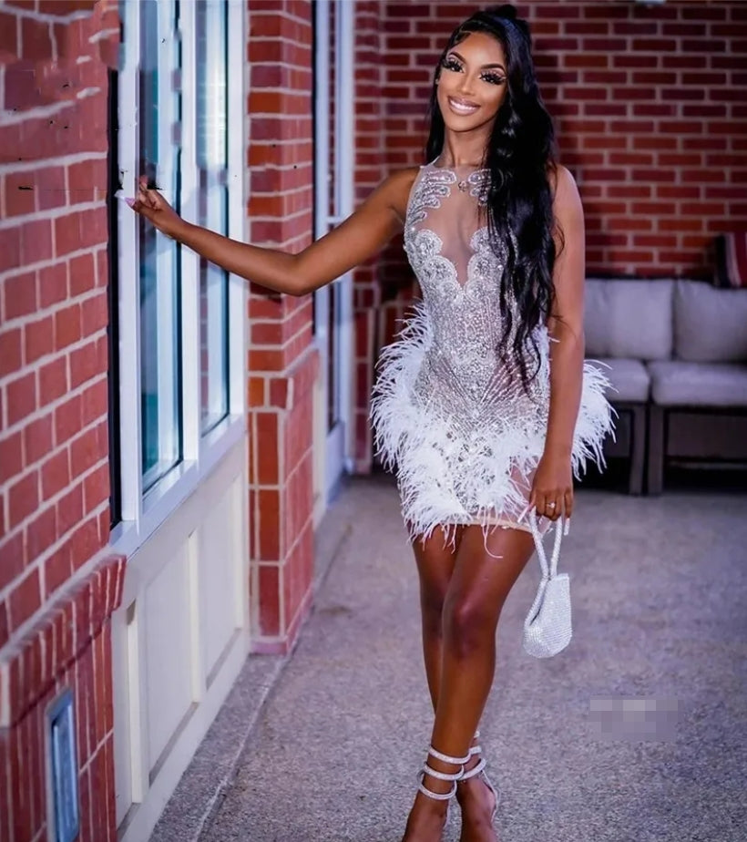 Crystal Short Prom Dresses White Feathers For Black Girls Rhinestions Birthday Party Gowns Rich Mini Abiti Da Cocktail Home