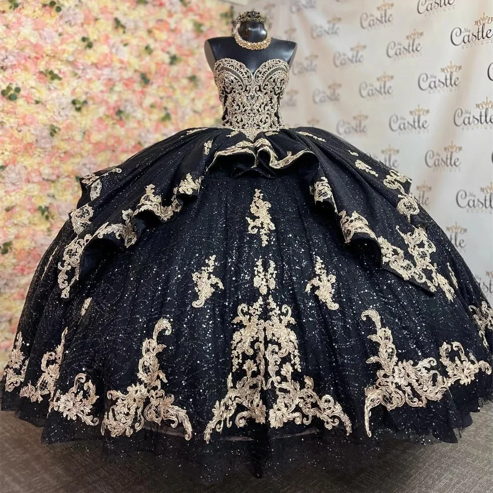 Gothic Black Gold Quinceanera Dresses Sweetheart Ball Gown Princess Birthday Gown Lace-Up Birthday Sweet 16 vestidos de 15