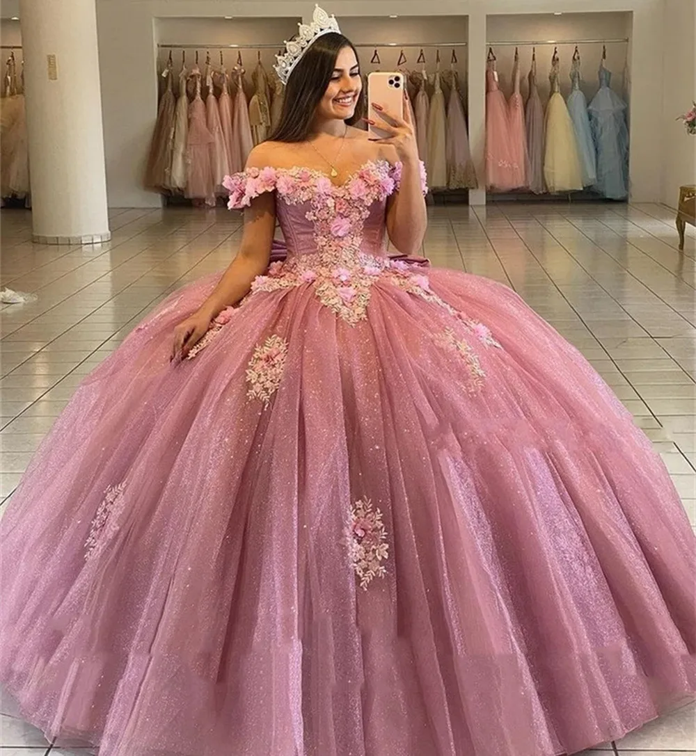 New In Dusty Pink Quinceanera Dresses Off The Shoulder Glitter Tulle Princess Ball Gown Pageant Birthday Party Sweet Robes De Ba