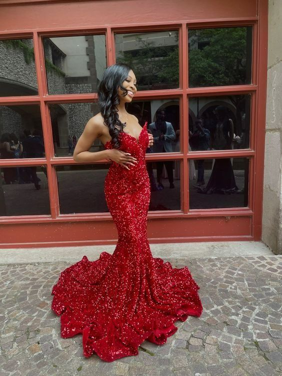 Long Red Prom Dresses Glitter Sequin Mermaid Evening Dress