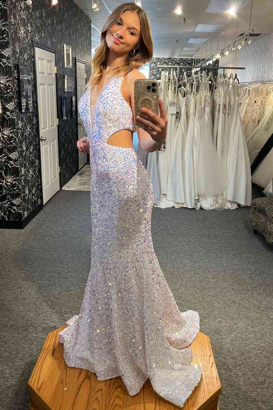 SEXY MERMAID SEQUIN WHITE CUT OUT PROM DRESS