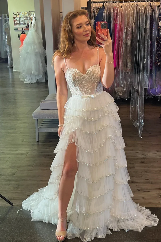 A LINE WHITE TULLE LAYERED PROM DRESS WITH SLIT