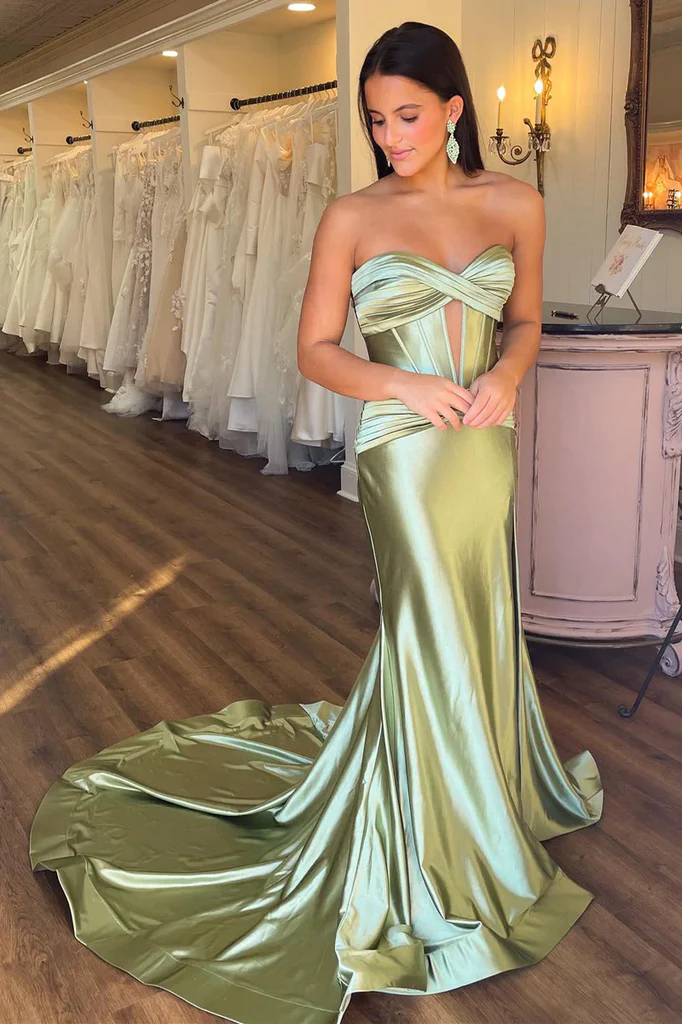 OLIVE GREEN SATIN SLEEK KEYHOLE PROM DRESS