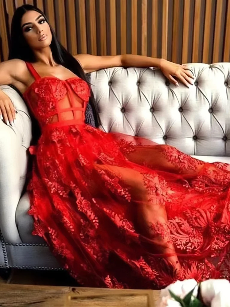 SEE THROUGH A LINE RED LACE LONG PROM DRESS