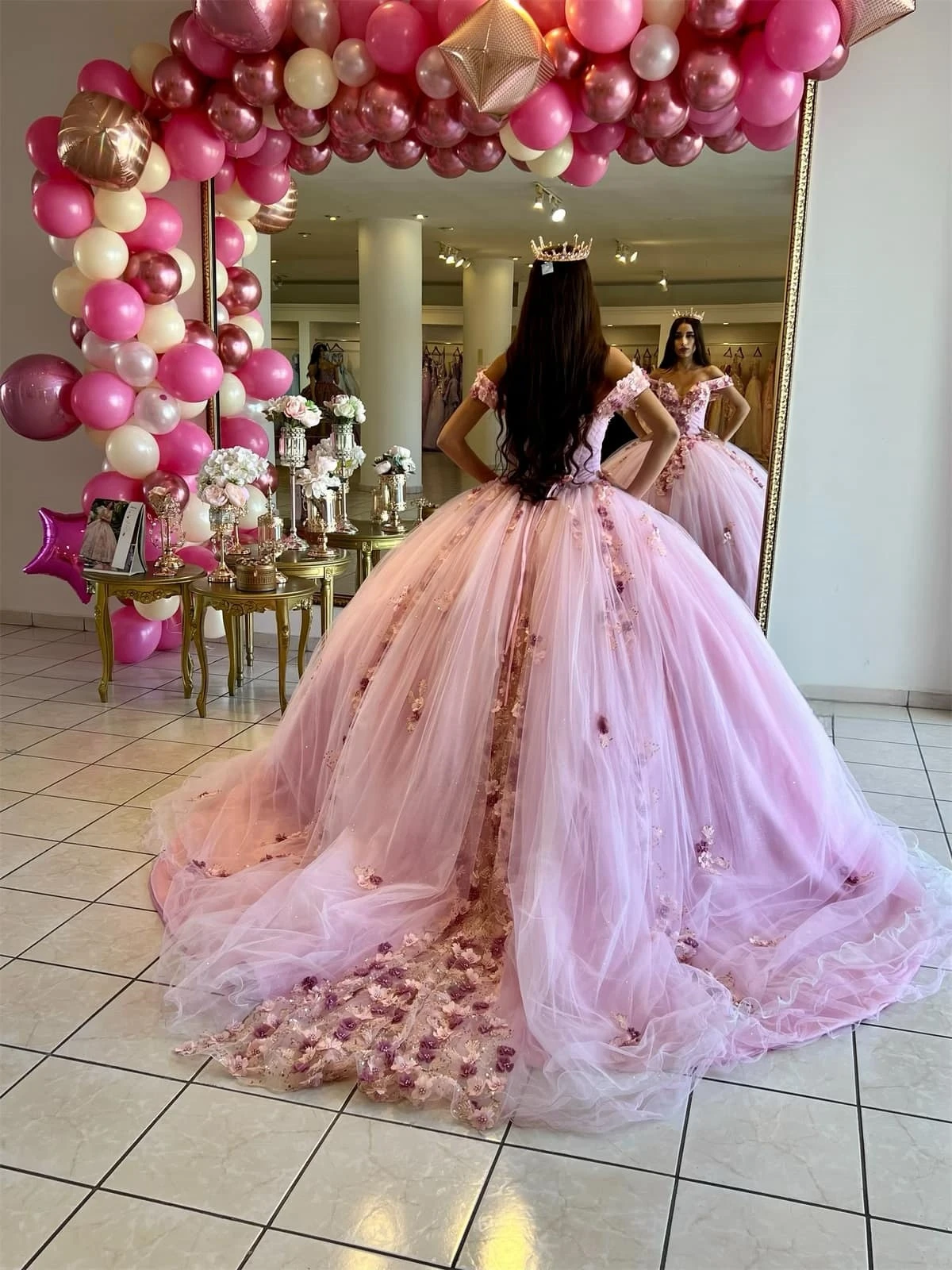 Pink Princess Quinceanera Dresses Ball Gown Off The Shoulder Tulle Appliques Sweet 16 Dresses 15 Años Custom