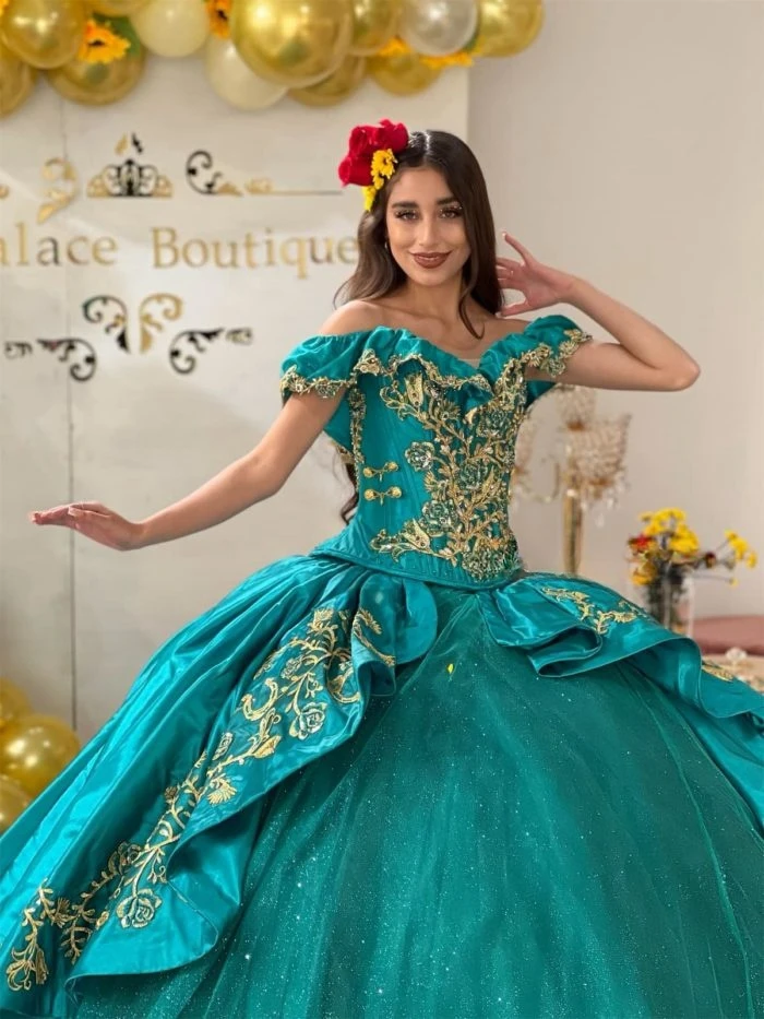 Teal Blue Princess Quinceanera Dresses Ball Gown Off The Shouler Appliques Sweet 16 Dresses 15 Años Mexican