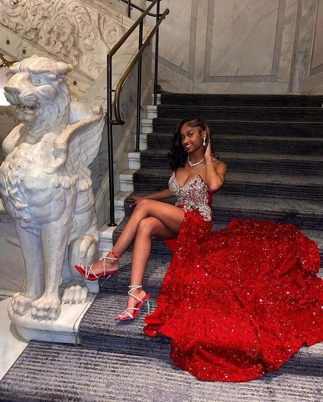 Red African Aso Ebi Evening Dresses Mermaid V-neck Sequined Beaded Slit Formal Party Gown Prom Dresses For Black Girls