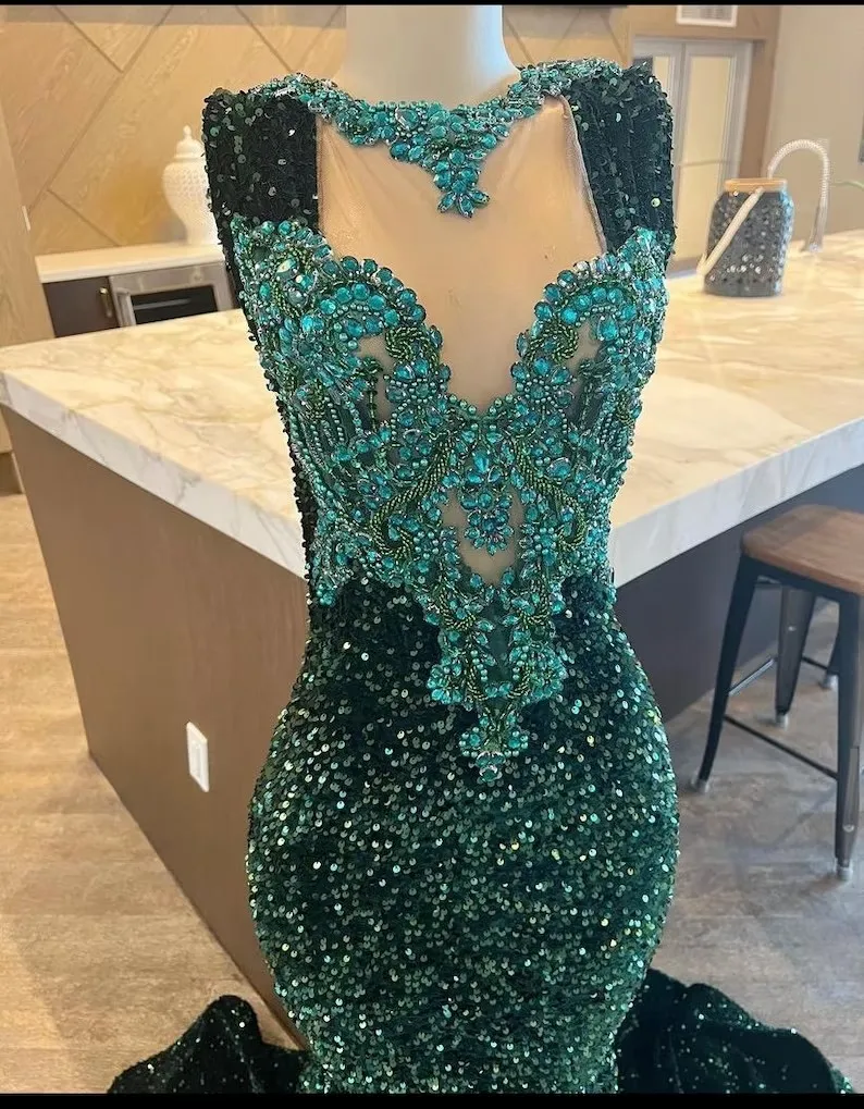 Green African American Prom Dresses Mermaid Sheer Sequins Beaded Crystals Black Girls Nigeria Robe De Soiree Evening Dress Gown