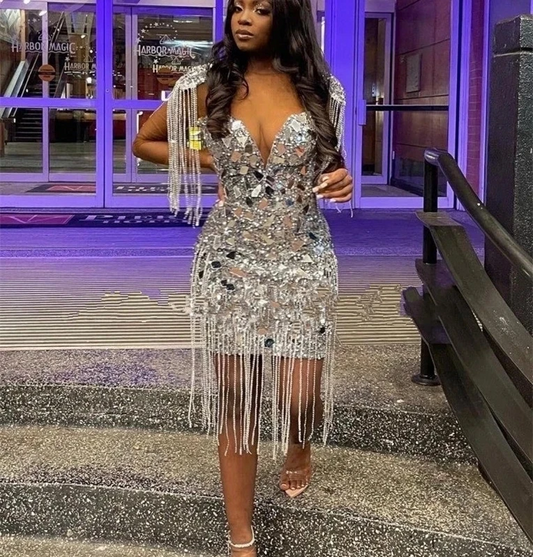 Silver Long Sleeves Short Prom Dresses For Black Girls Sexy Crystals Women African Cocktail Dresses Birthday Party Homecoming