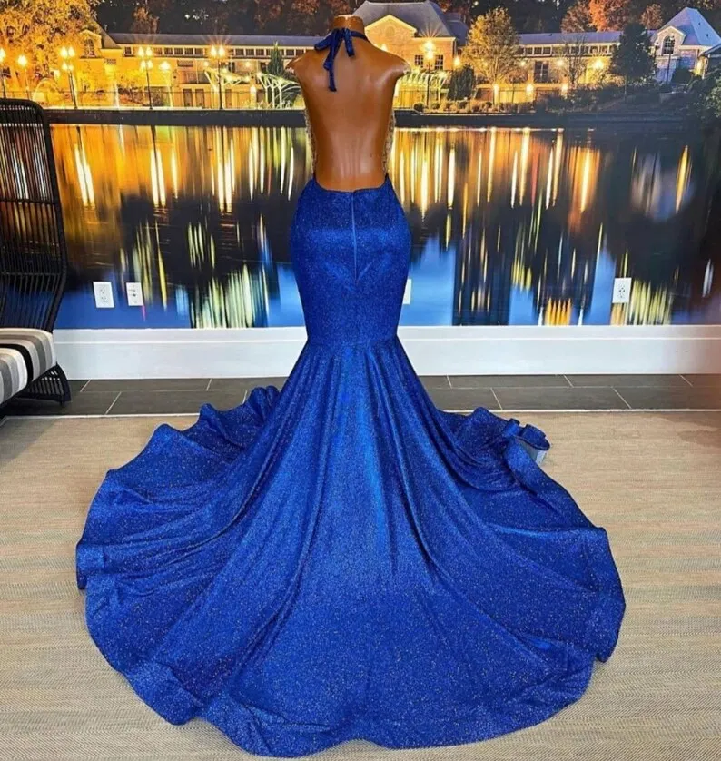 Royal Blue African American Prom Dresses Mermaid Halter Sequins Beaded Black Girls Nigeria Robe De Soiree Evening Dress Gown