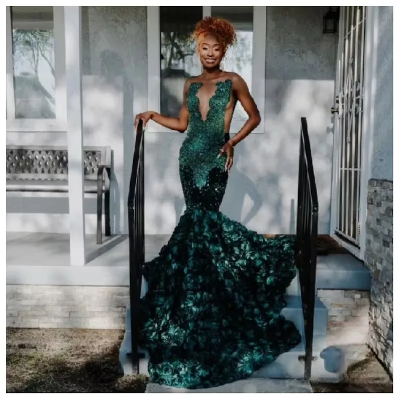 Green African American Prom Dresses Mermaid Sheer Sequins Floral Beaded Black Girls Nigeria Robe De Soiree Evening Dress Gown