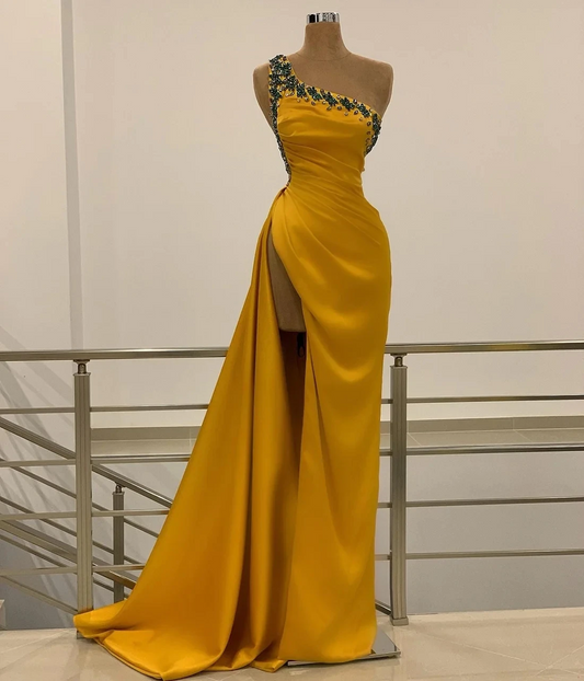 Gold Haute Couture Prom Dresses A-line One-shoulder Slit Beaded Saudi Arabia Dubai Robe De Soiree Evening Dress Gown