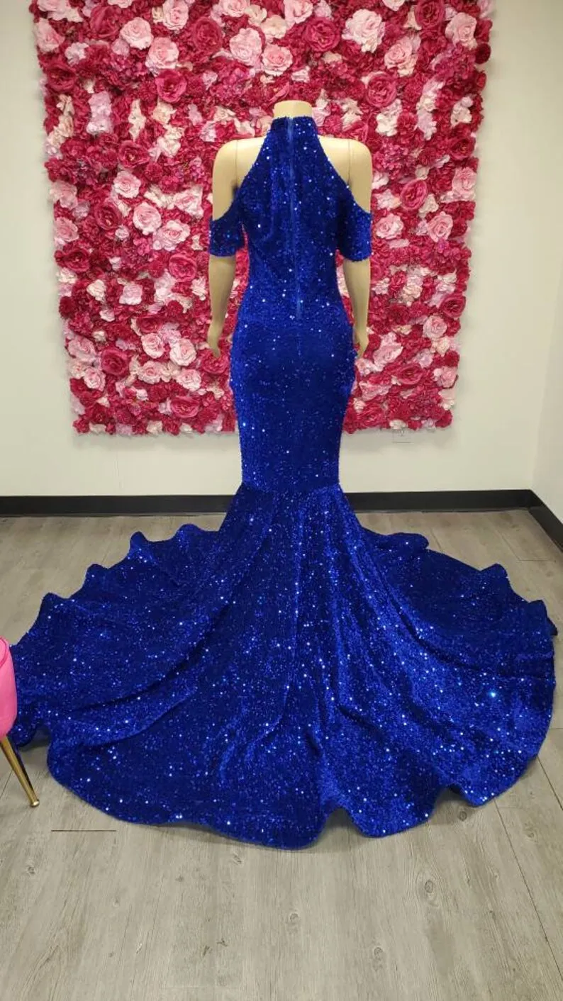 Royal Blue African American Prom Dresses Mermaid Halter Sequins Sparkle Black Girls Nigeria Robe De Soiree Evening Dress Gown