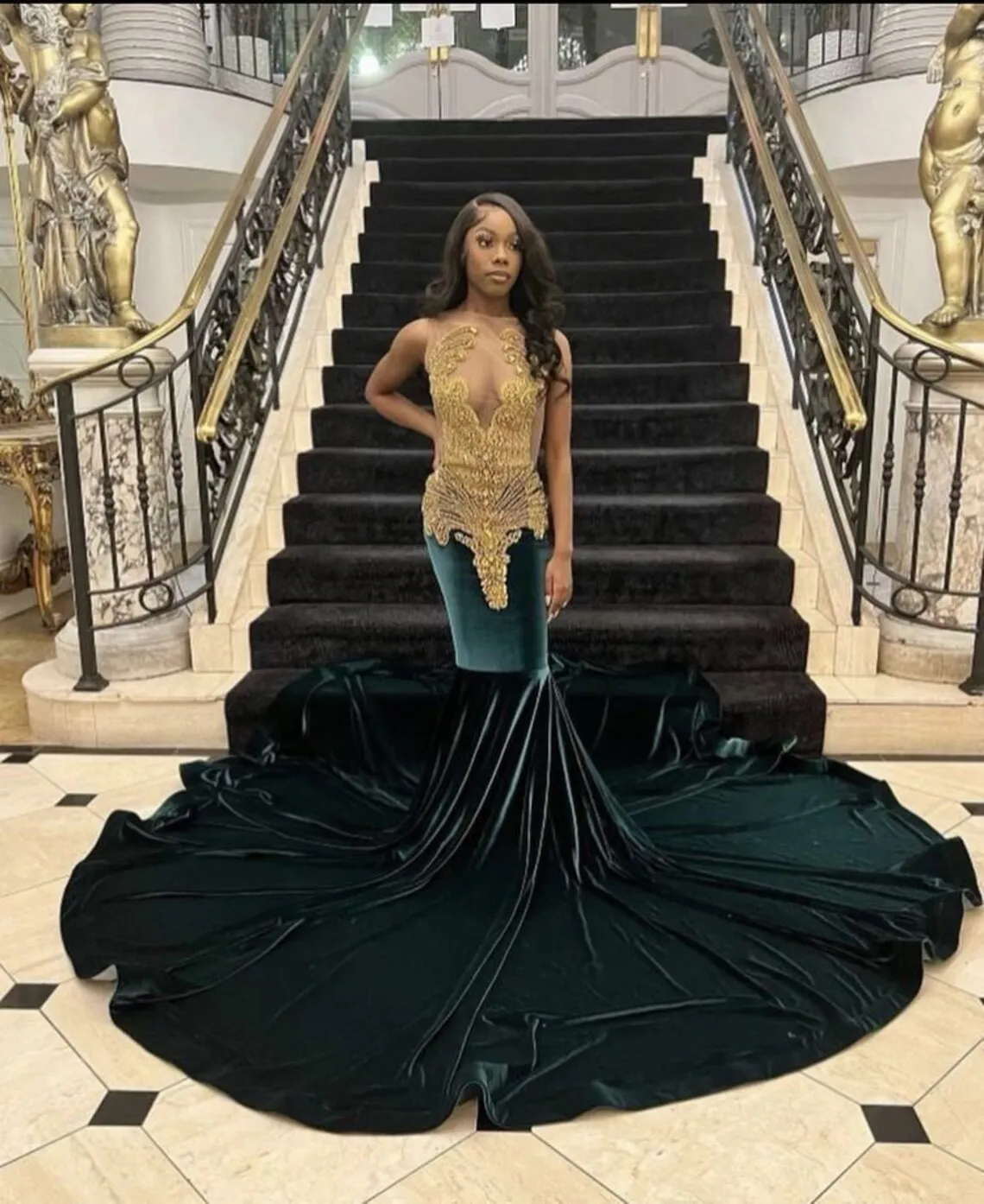 African American Prom Dresses Mermaid Sheer Velvet Beaded Crystals Black Girls Nigeria Robe De Soiree Evening Dress Gown