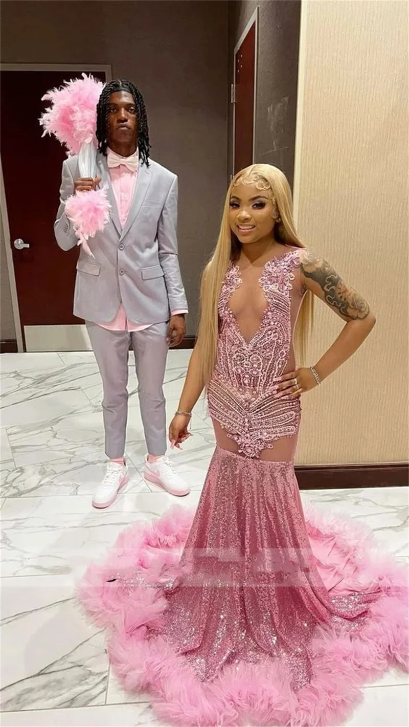 Sparkly Pink Diamond Crystals Mermaid Prom Dresses 2024 For Black Girls Beading Sequins Long Elegant Birthday Party Gown