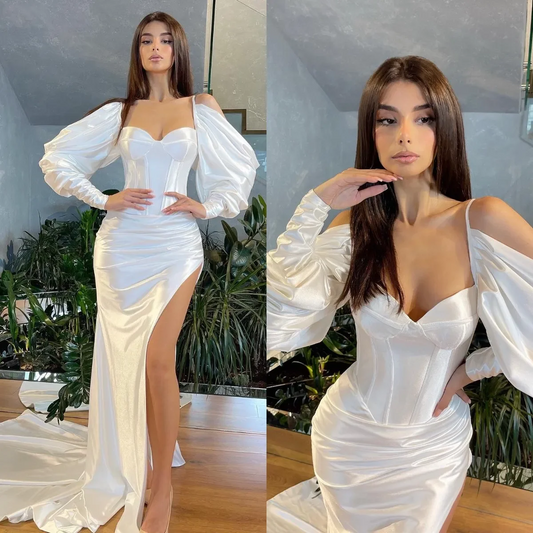 Elegant White Sexy Split Pleats Mermaid Evening Dresses Sweetheart Long Sleeves Formal Long special occasion Party Prom Dress