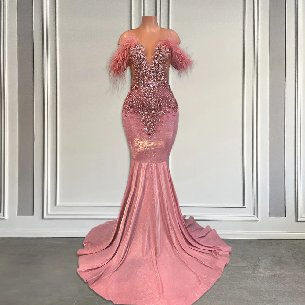 Pink Off-the-shoulder Long Mermaid Prom Dresses 2024 Luxury Sparkly Crystal Rhinestones Black Girls Prom Gala Gowns