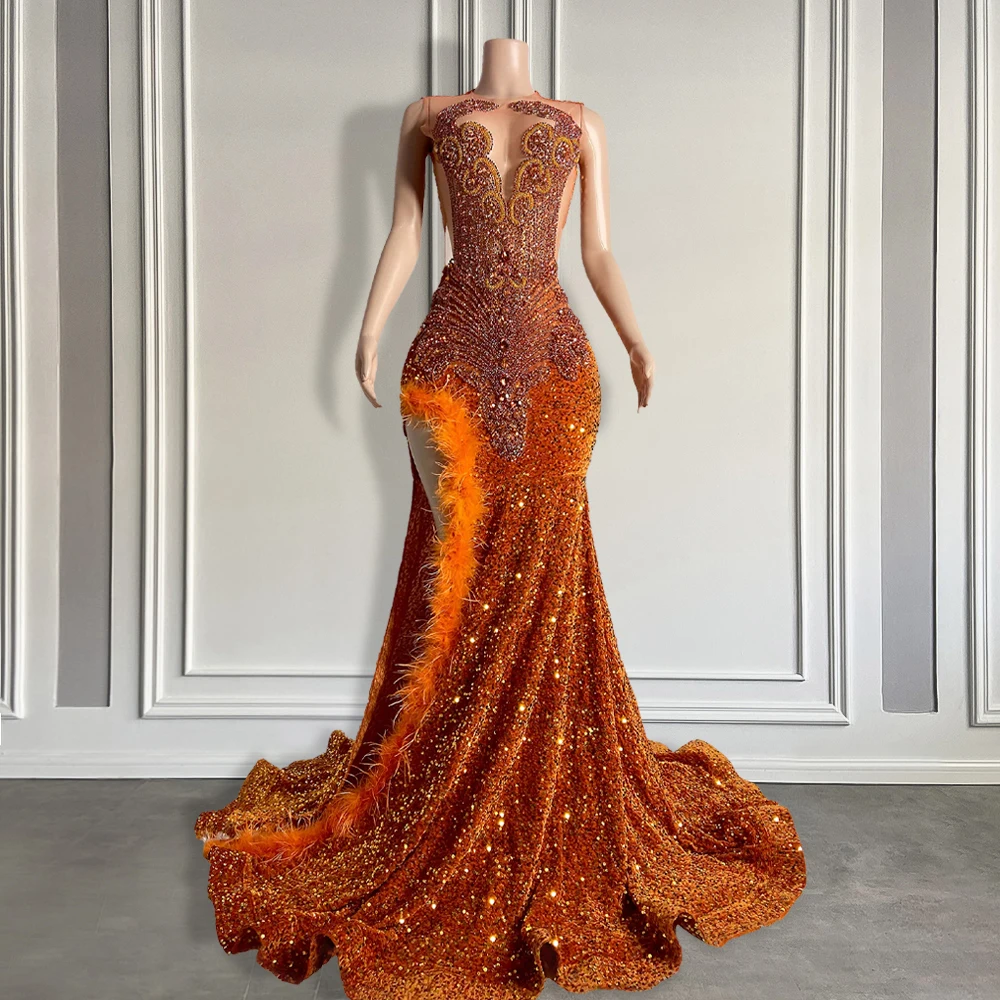 Sparkly Rhinestone Orange Feather Mermaid Prom Gowns 2024 Sexy High Slit Black Girl Sparkly Sequin Long Prom Dresses