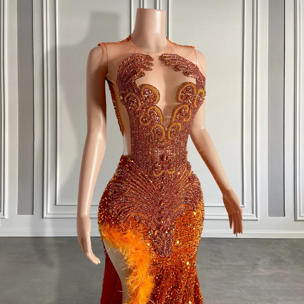 Sparkly Rhinestone Orange Feather Mermaid Prom Gowns 2024 Sexy High Slit Black Girl Sparkly Sequin Long Prom Dresses