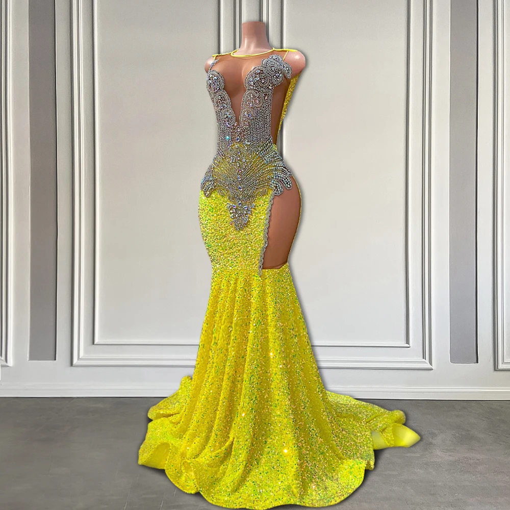 Yellow Sequin Luxury Prom Dress For Black Girl Sheer O Neck Sparkly Diamond Crystal Long Prom Formal Gown Mermaid Style