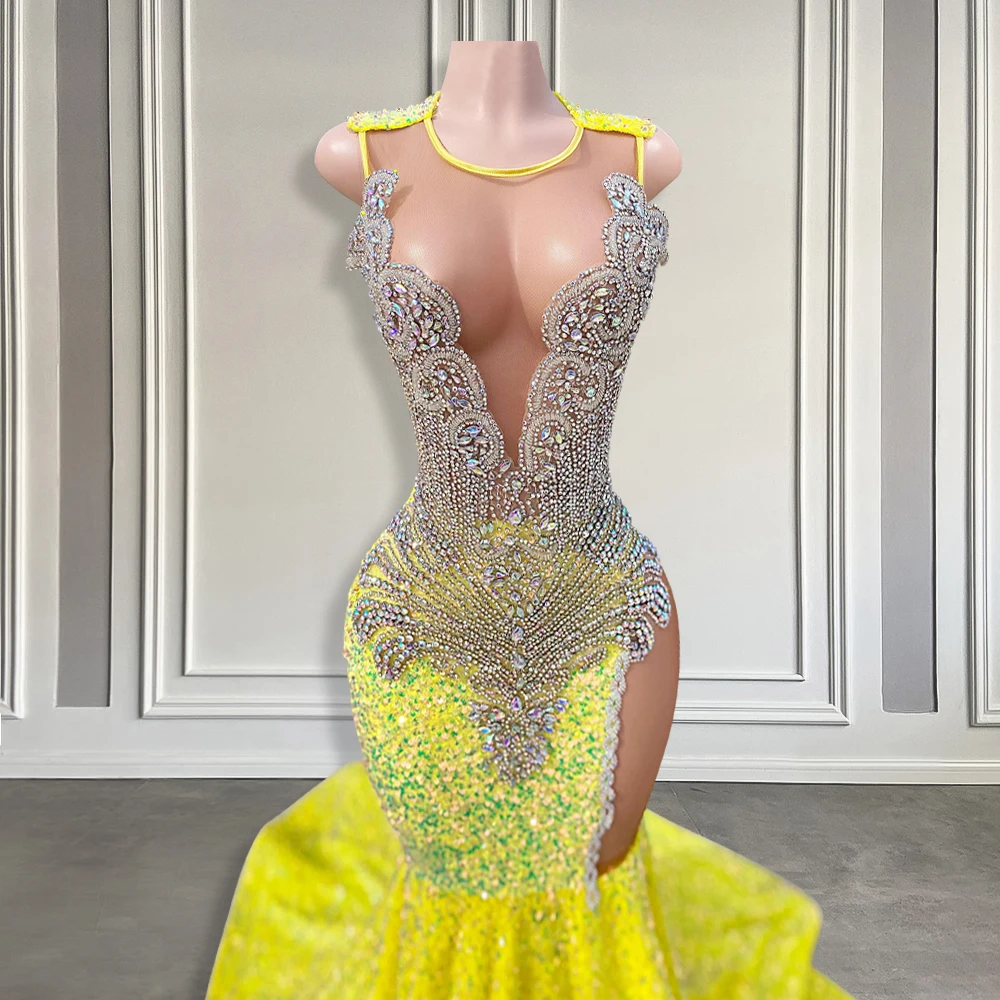 Yellow Sequin Luxury Prom Dress For Black Girl Sheer O Neck Sparkly Diamond Crystal Long Prom Formal Gown Mermaid Style