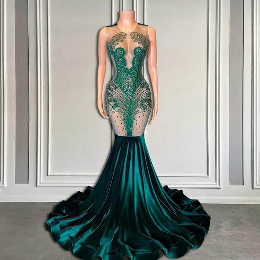 Luxury Green Crystals See Through Long Prom Dresses Mermaid Style Sexy Prom Dress 2024 Black Girls for Graduation Party