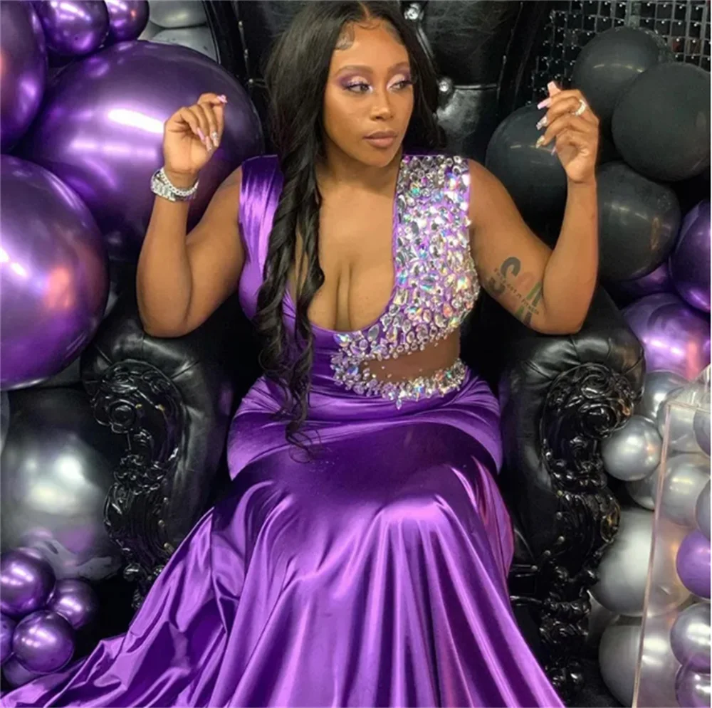 Dreamy Purple Mermaid Long Evening Dresses Crystal Shoulder Prom Gown See Through Waist Design Black Girl Birthday Party Dresses