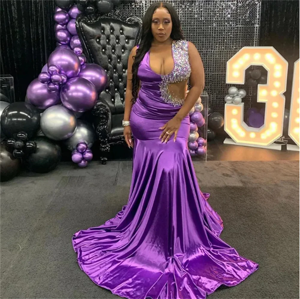 Dreamy Purple Mermaid Long Evening Dresses Crystal Shoulder Prom Gown See Through Waist Design Black Girl Birthday Party Dresses