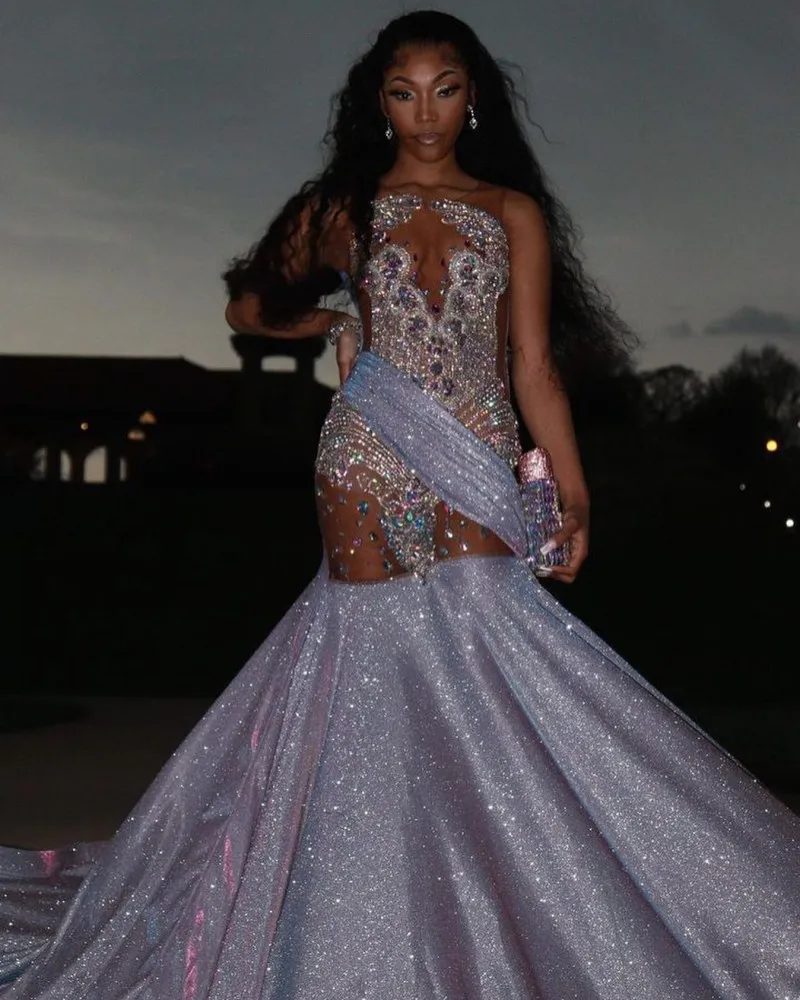 Gliter Mermaid Prom Dresses For Black Girls Rheinstone Beading African Women Pageant Party Gowns