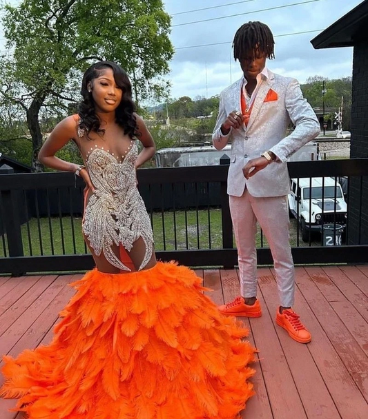 Elegant Orange Feathers Mermaid Prom Dresses For Black Girls For African Women Sheer Neck Plus Size Formal Evening Occasion