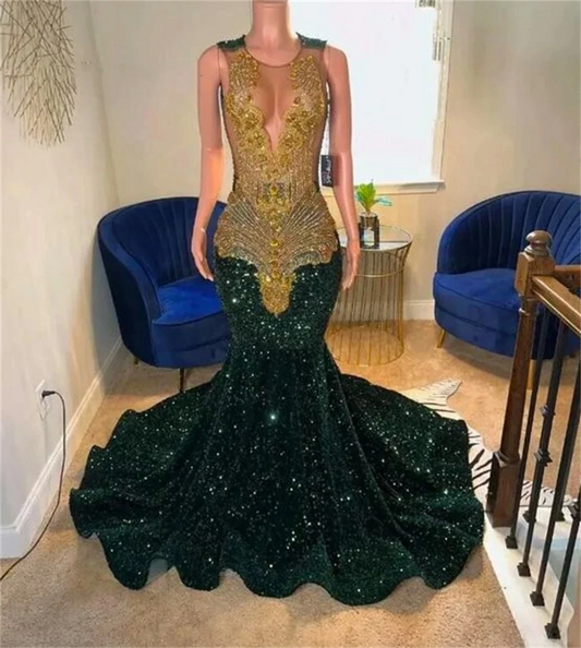 Unique Green Sequin Gold Crystal Beaded Mermaid Prom Dresses Sexy Sheer Mesh Luxury Handmade Diamond Black Girl Gala Gowns