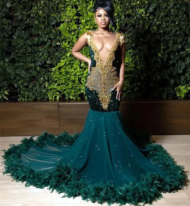 Teal African American Prom Dresses Mermaid Sheer Beaded Crystals Feather Black Girls Nigeria Robe De Soiree Evening Dresses Gown