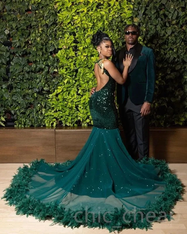 Teal African American Prom Dresses Mermaid Sheer Beaded Crystals Feather Black Girls Nigeria Robe De Soiree Evening Dresses Gown