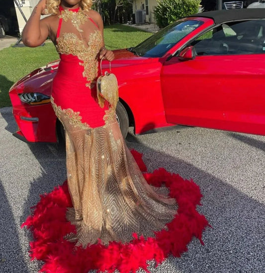 Sparkly Red Prom Dress 2024 Halter Beads Crystal Rhinestones Feathers Graduation Party Dress Birthday Wedding Reception Robe